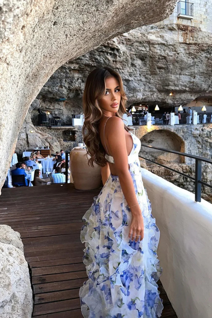 Noemi - Abito maxi di Spalline Espagueti con Stampa floreale