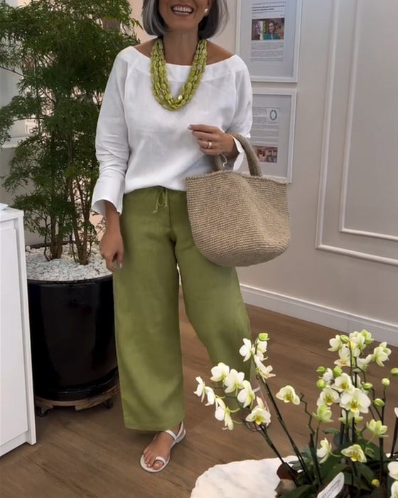 Maglietta bianca di collo rotondo con maniche lunghe + Pantaloni casual ampi verdes