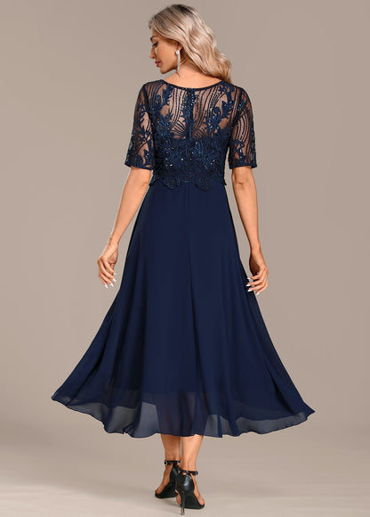 Abito Corto in pizzo Blu navy con Manica corta e Collo rotondo