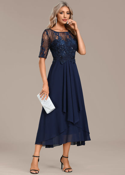 Abito Corto in pizzo Blu navy con Maniche corte e Collo rotondo