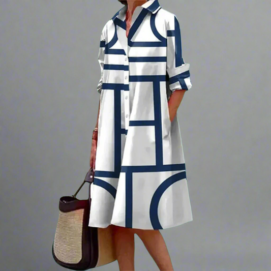 Cosima - Elegante Abito Midi blu con righe geométricas