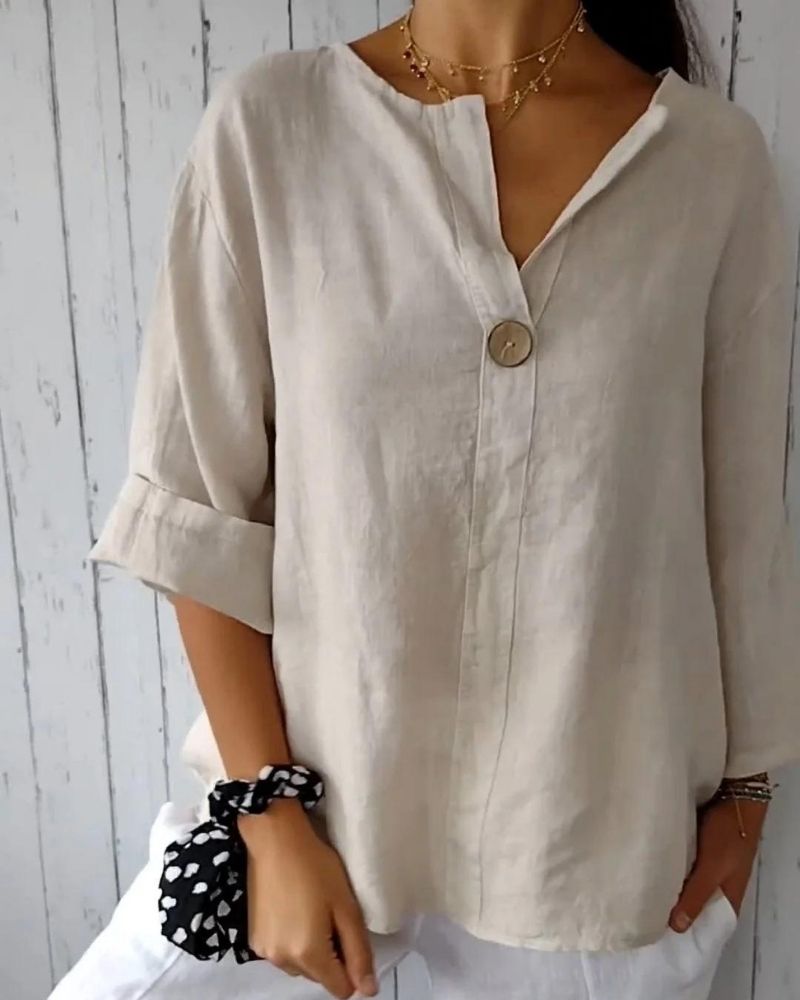 ARAI - Top in cotone e lino con scollo a V e Bottoni