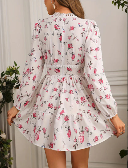 Mini Abito Floreale da donna con Maniche lunghe Abullonadas e Scollo a V