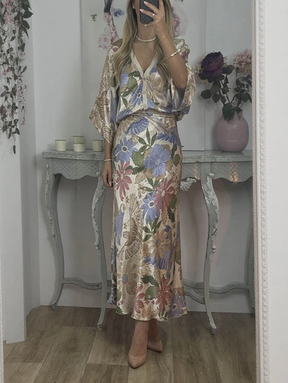 Camicia Exquisita di Satin con Stampa Floreale senza Spalle