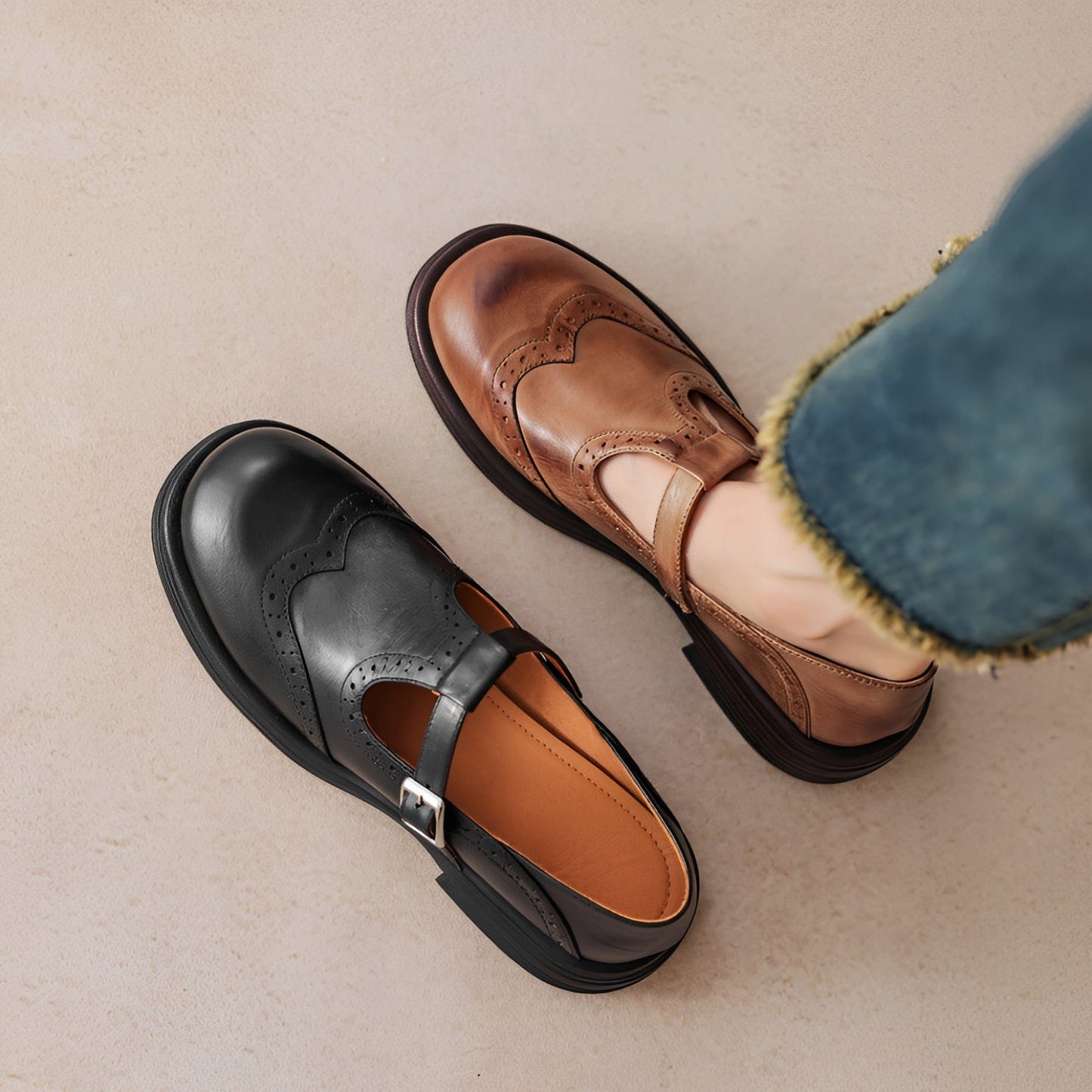Erika - Scarpe retrò in pelle grueso da donna
