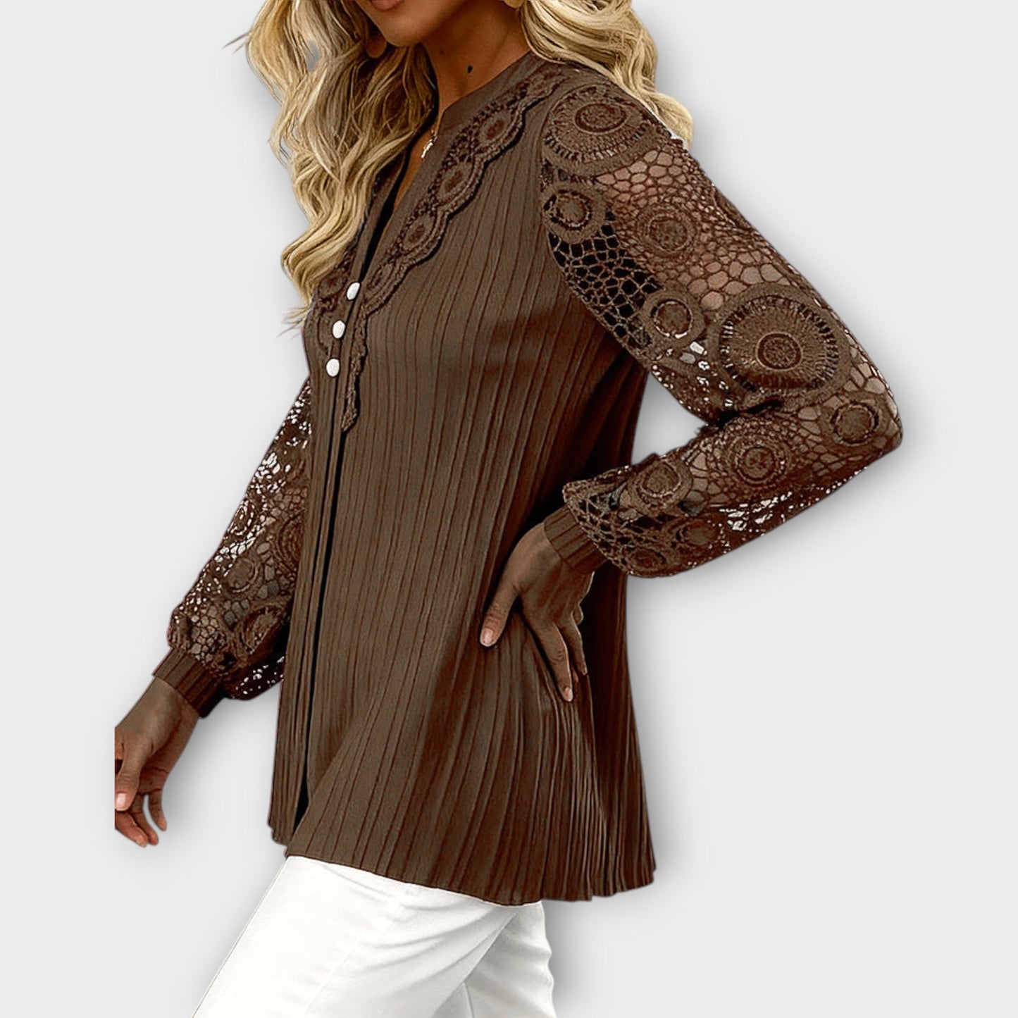 Blusa plissettata con Maniche di Pizzo Elegante