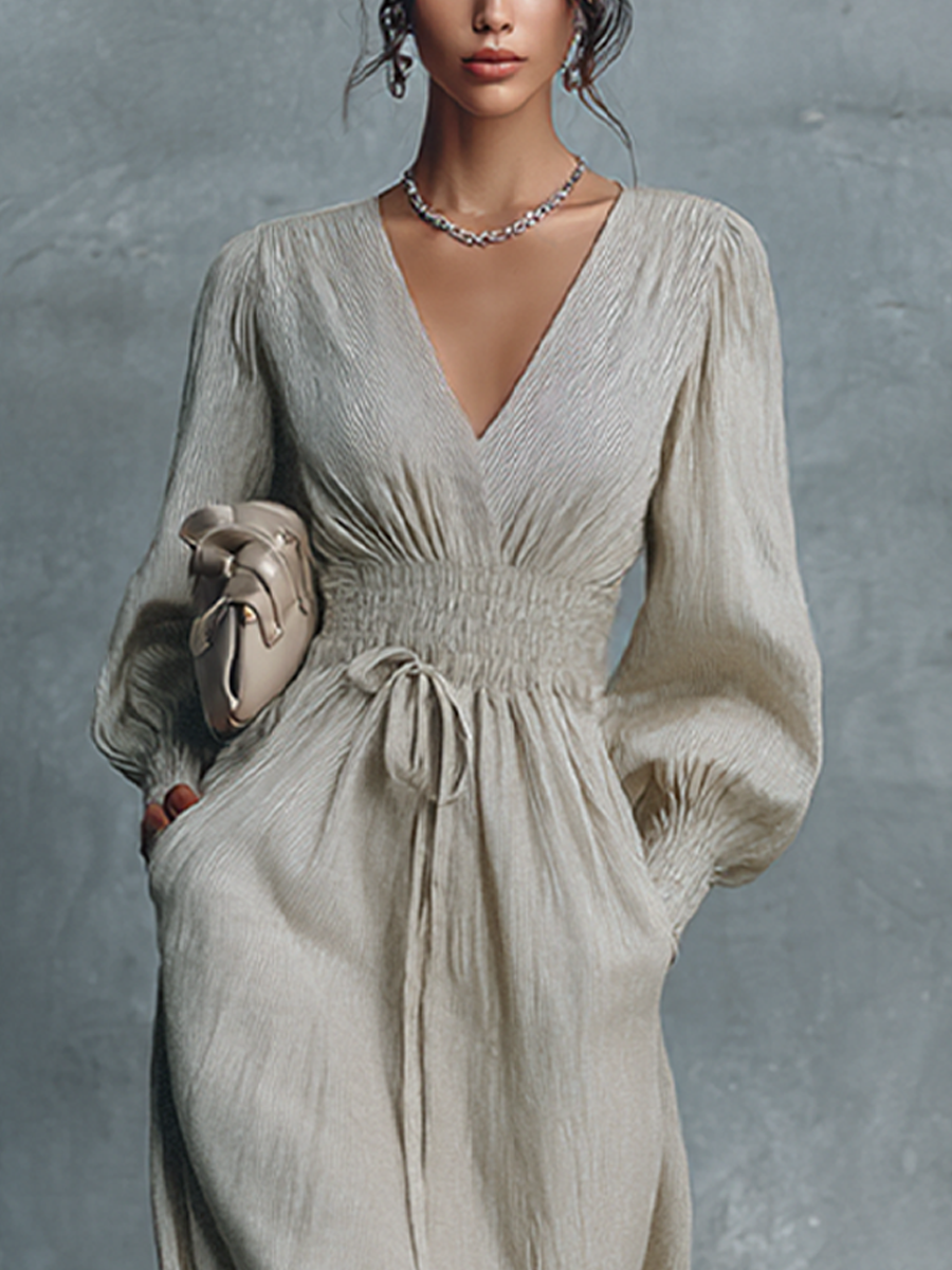 Abito maxi donna Beige in cotone e Lino a righe con scollo a V e Vita Arricciata