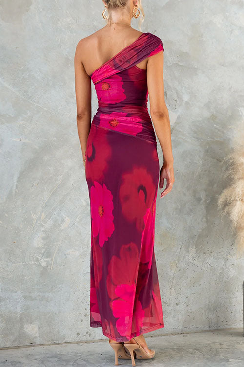 Abito maxi Bodycon di Rete con Stampa floreale monospalla