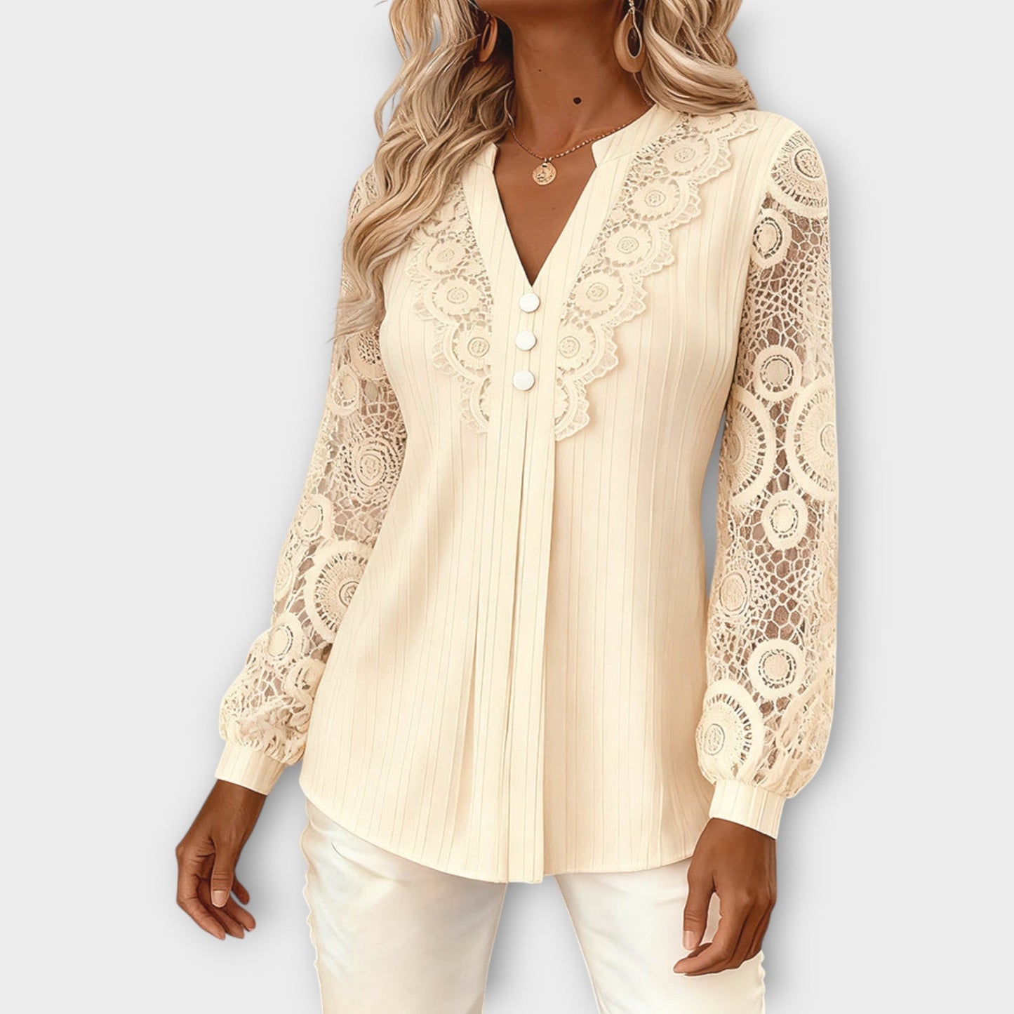 Blusa plissettata con Maniche di Pizzo Elegante