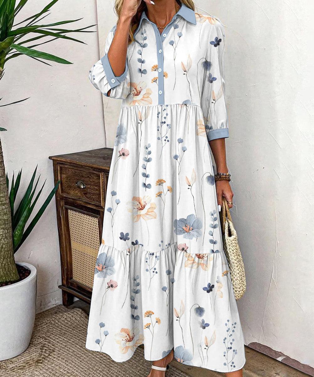 Elvienne | Abito Maxi Fresco con Stampato e Collo