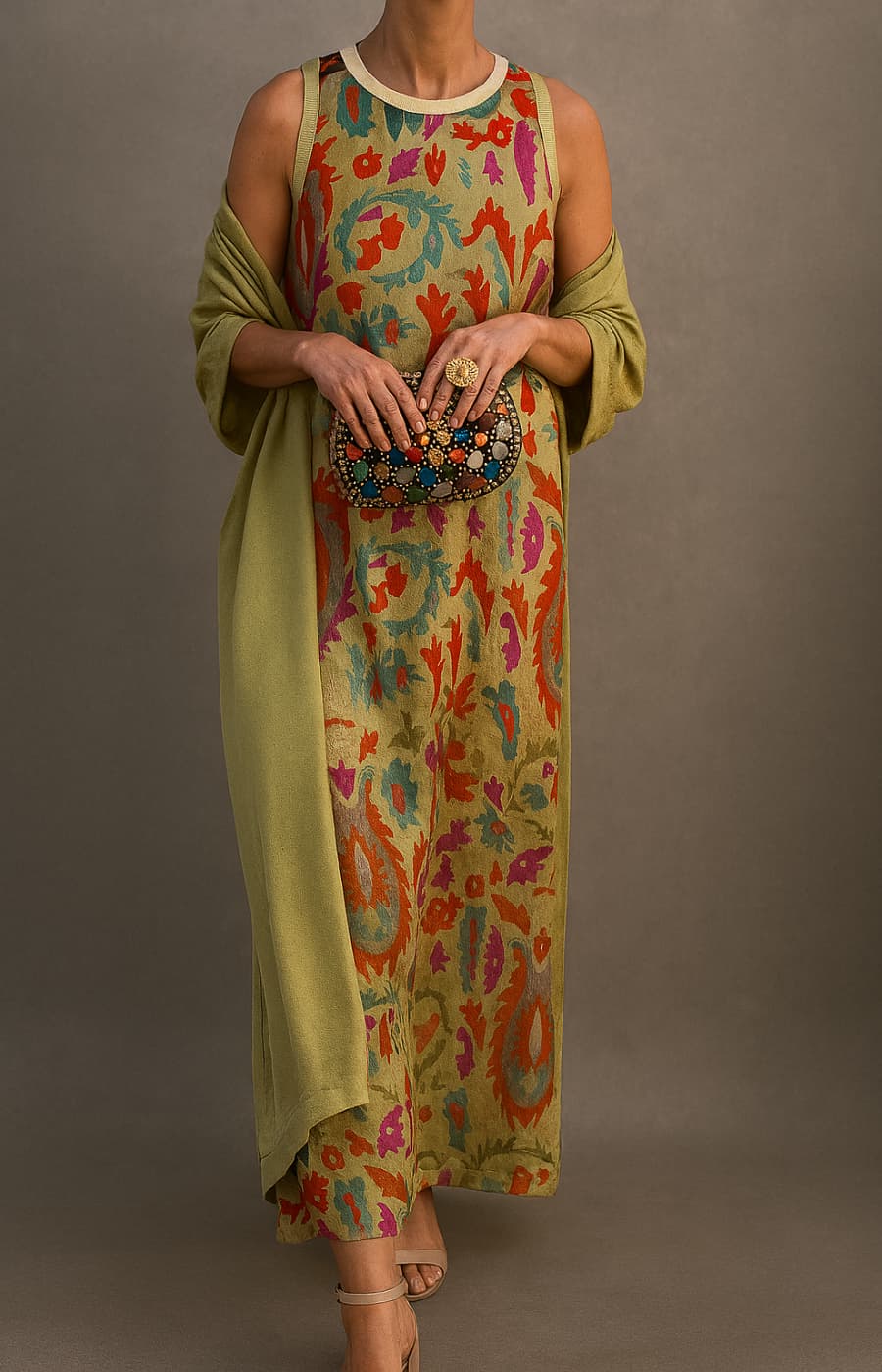 Corvalisse | Elegante abito maxi con chal coordinato