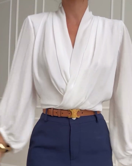 Blusa di Manica Lámpara in Tinta unita con scollo a V