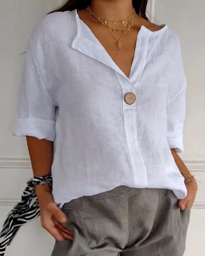 ARAI - Top in cotone e lino con scollo a V e Bottoni
