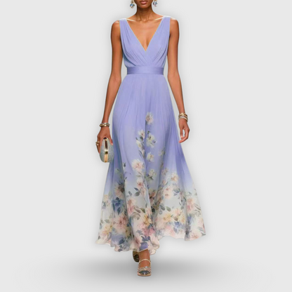 AZZURRO – ABITO MAXI CON SCOLLO A V FLOREALE