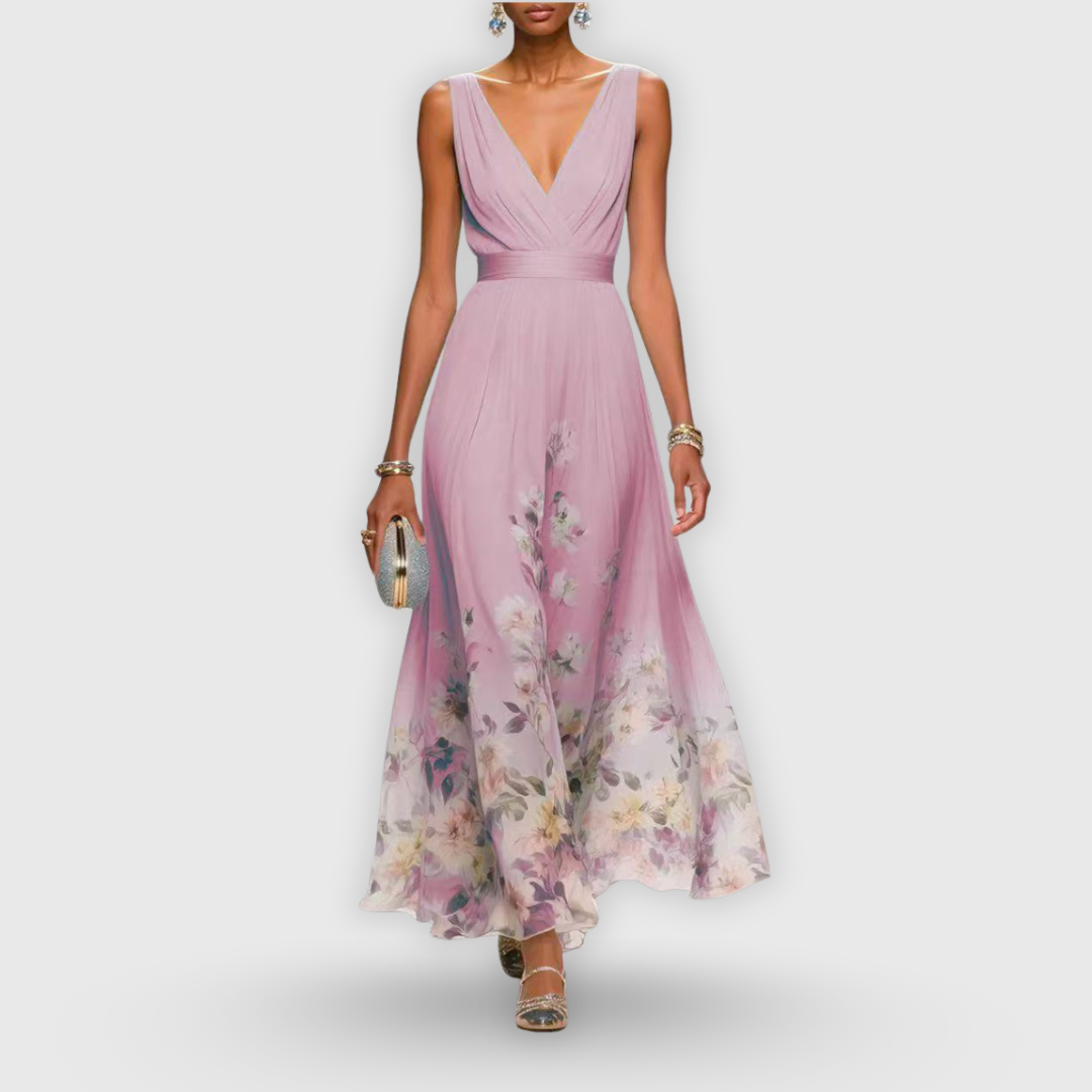 AZZURRO – ABITO MAXI CON SCOLLO A V FLOREALE