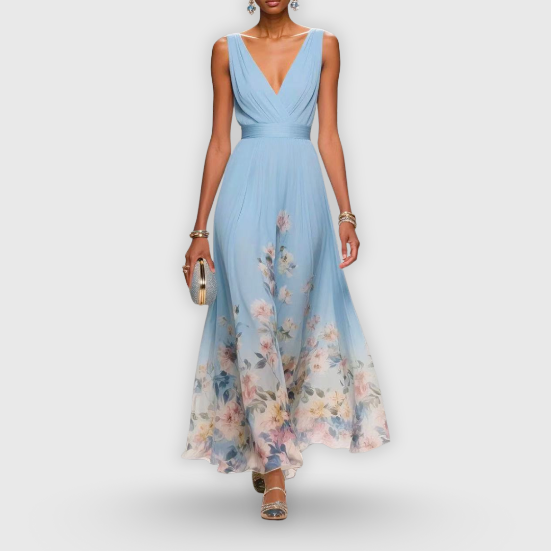 AZZURRO – ABITO MAXI CON SCOLLO A V FLOREALE
