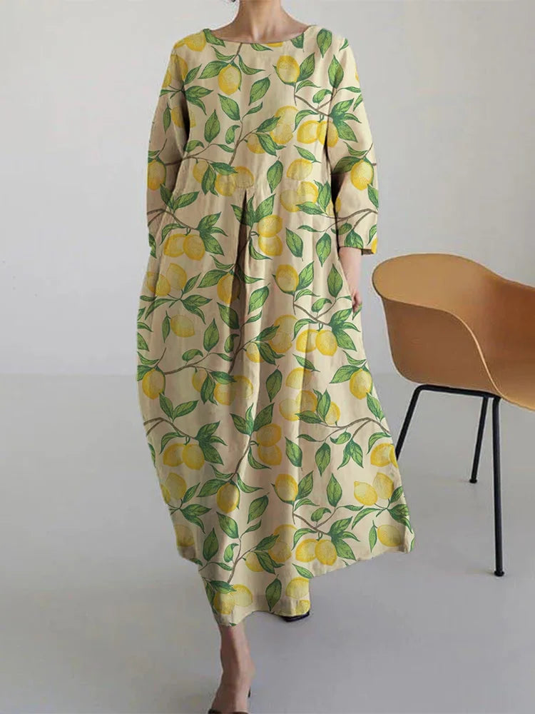 Basil - Abito Midi Morbido con Stampato di Limone di Moda