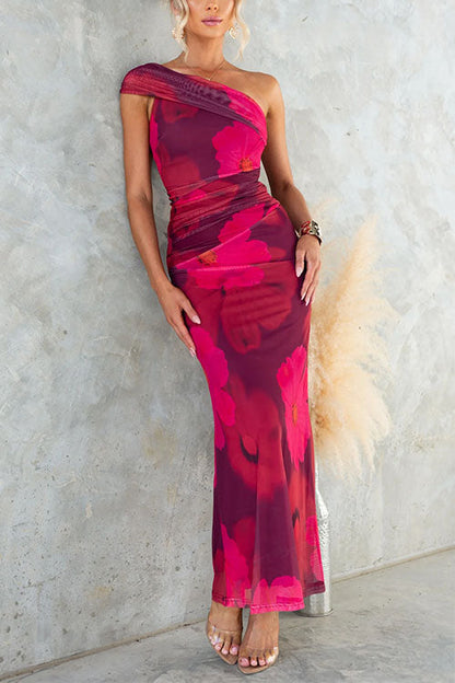 Abito maxi Bodycon di Rete con Stampa floreale monospalla