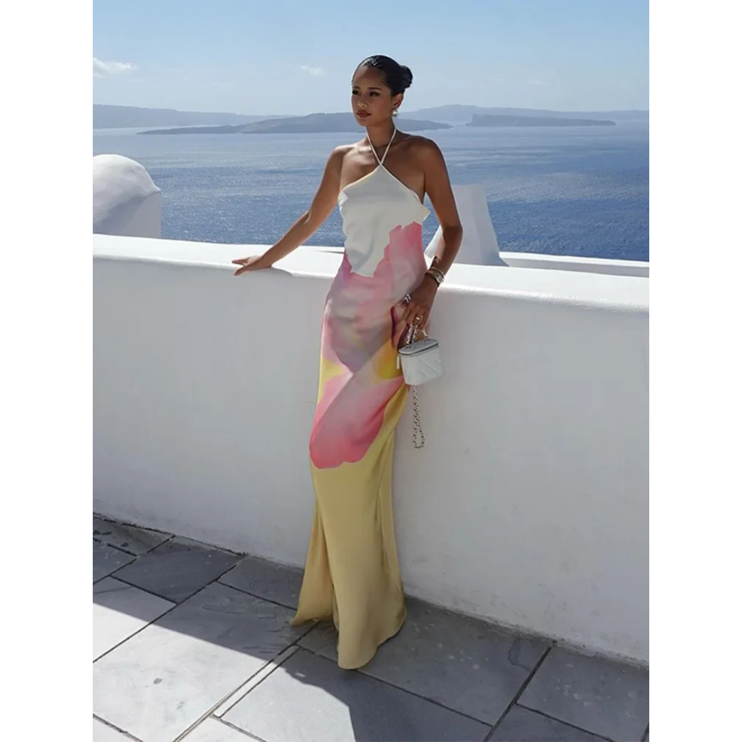 Ismena - Elegante abito maxi floreale con scollo asimmetrico