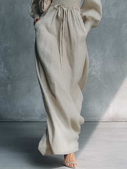 Abito maxi donna Beige in cotone e Lino a righe con scollo a V e Vita Arricciata