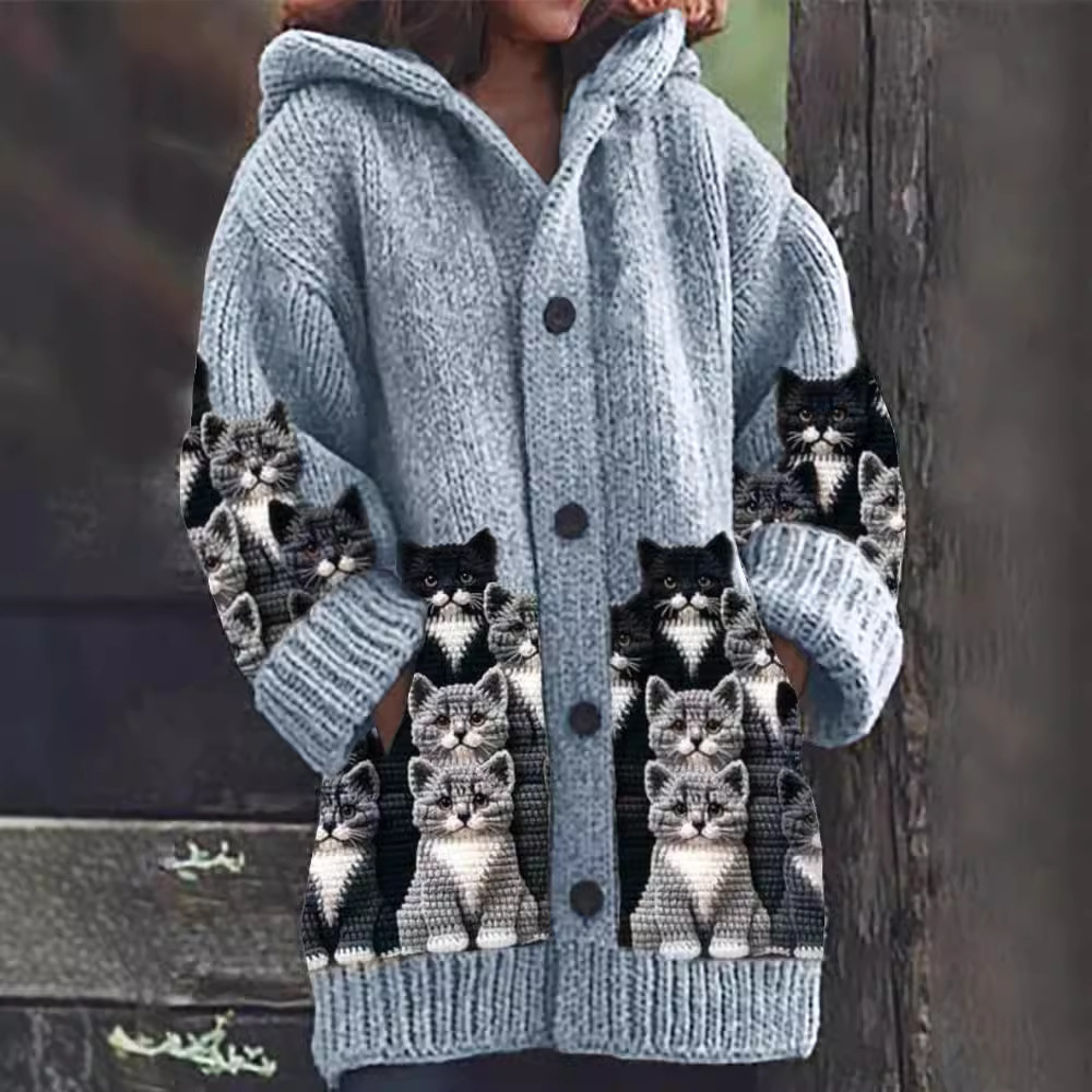 Jasmin - Cardigan in maglia Caldo e morbido con stampa di Gatos