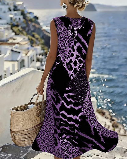 Abito Senza maniche Lunghe di Stampa di Leopardo in Patchwork
