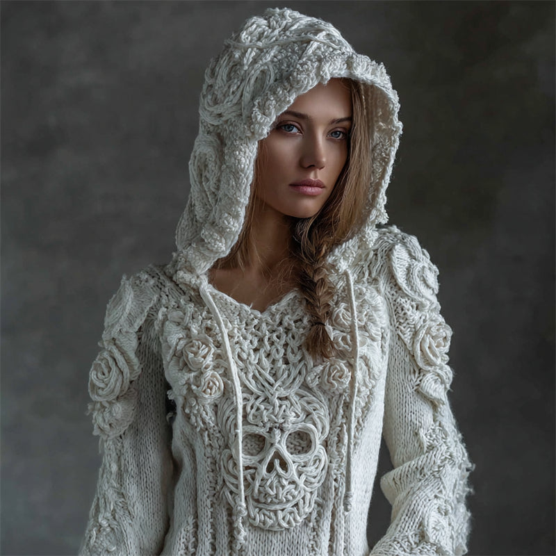 Maglione in maglia caldo e morbido con cappuccio di teschio celtico vichinga e rose blancas vintage