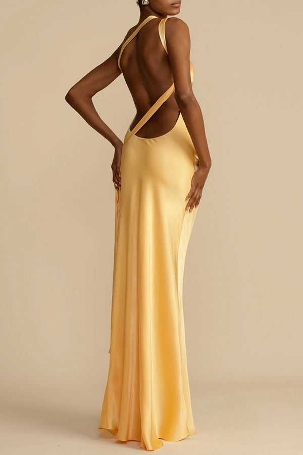 Abito maxi in raso asimmetrico