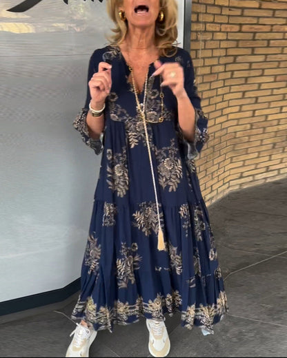 TOVE – ABITO LUNGO DI SETA CON SCOLLO A V BLU NAVY PER DONNE