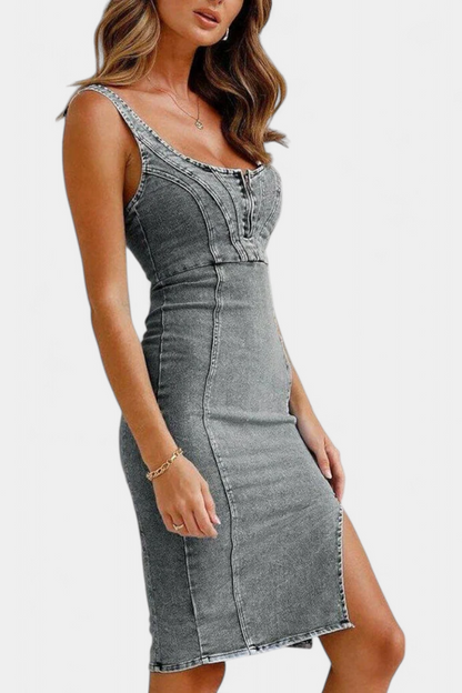 Janessa Abito Denim con Spalline Regolabili e Spacco Frontal