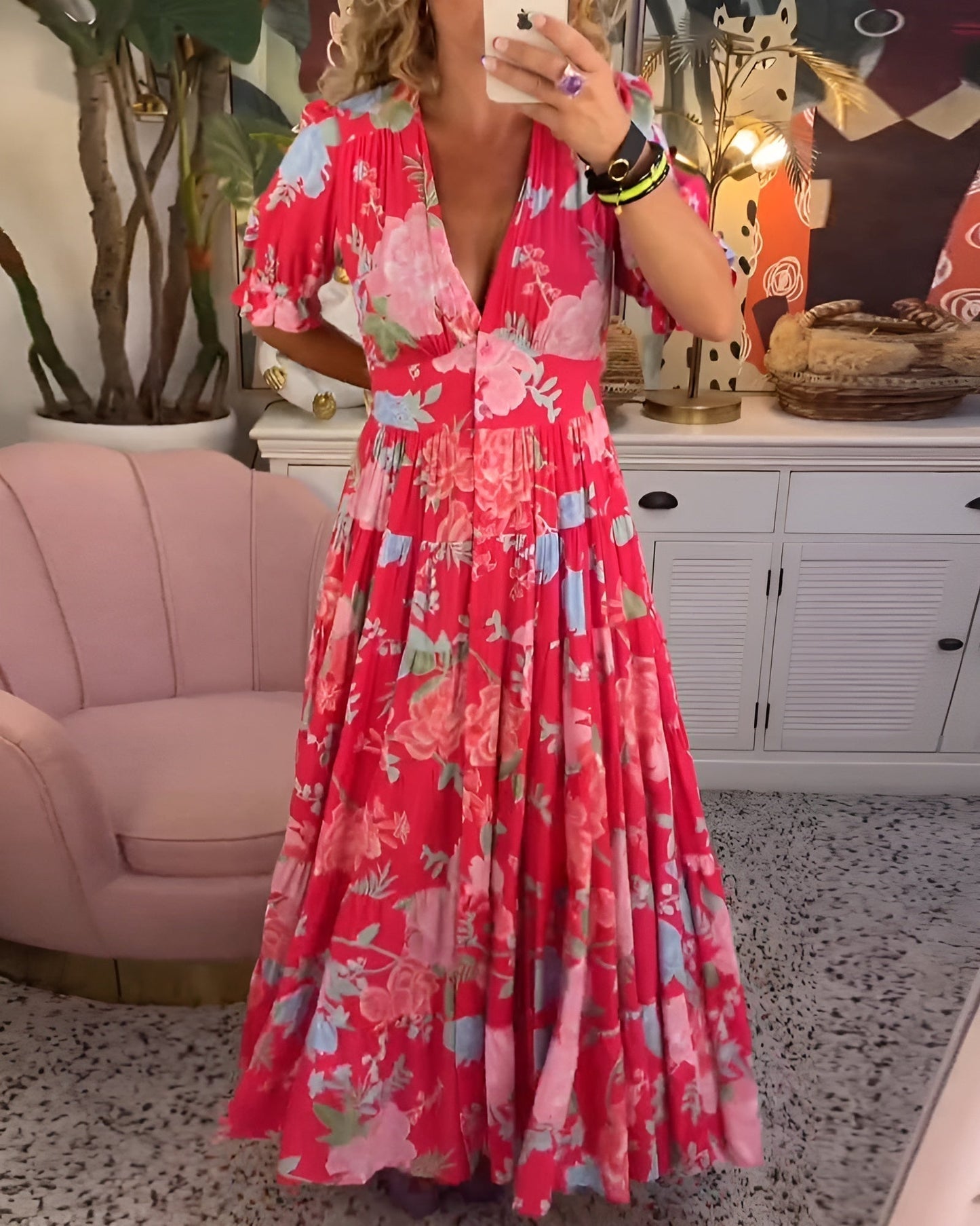 Carine | Abito di fiori con scollo a V e tasche