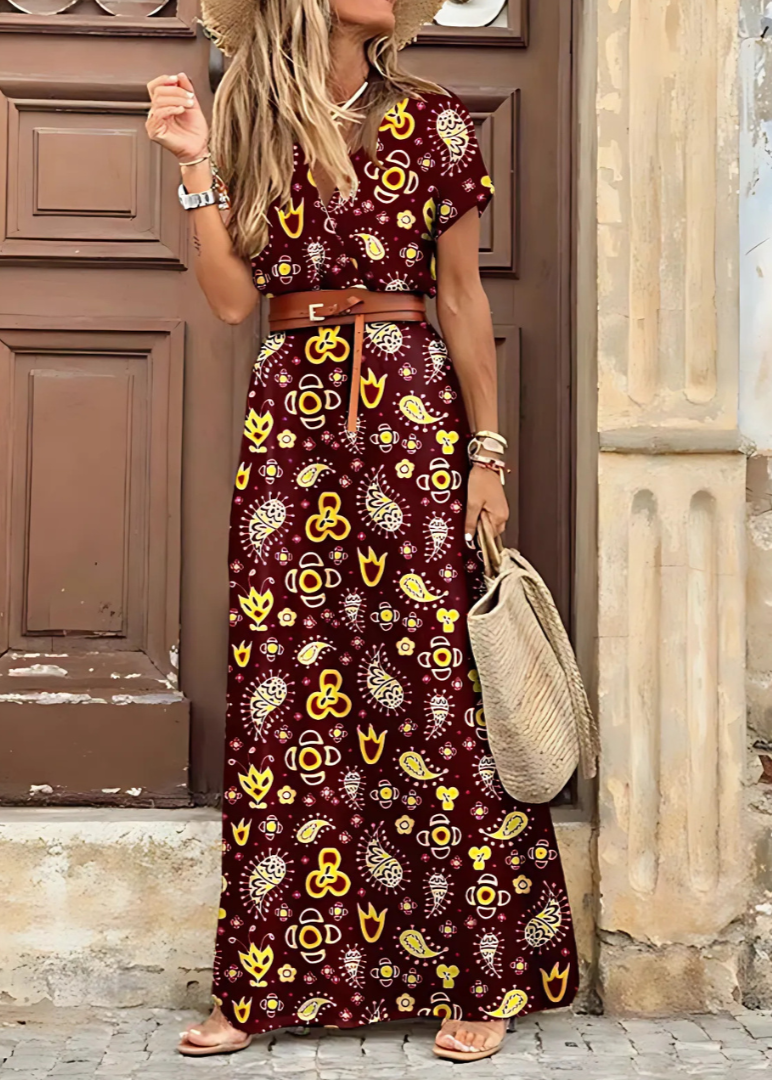 Briony – Abito lungo elegante con stampa paisley e cintura