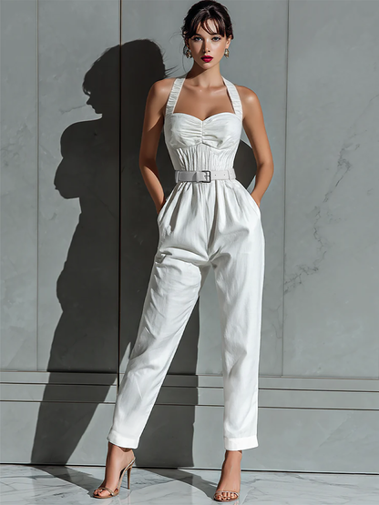 Jumpsuit ampio In cotone E Lino Colore Marfil Con Vita Delgada Per donna