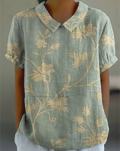 Beatrix - Camicia di Cotone-Lino con Fiori Retrò
