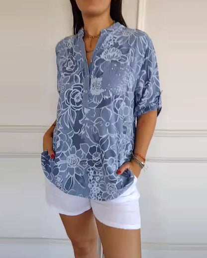 Blusa Stampata Abotonada con collo a V