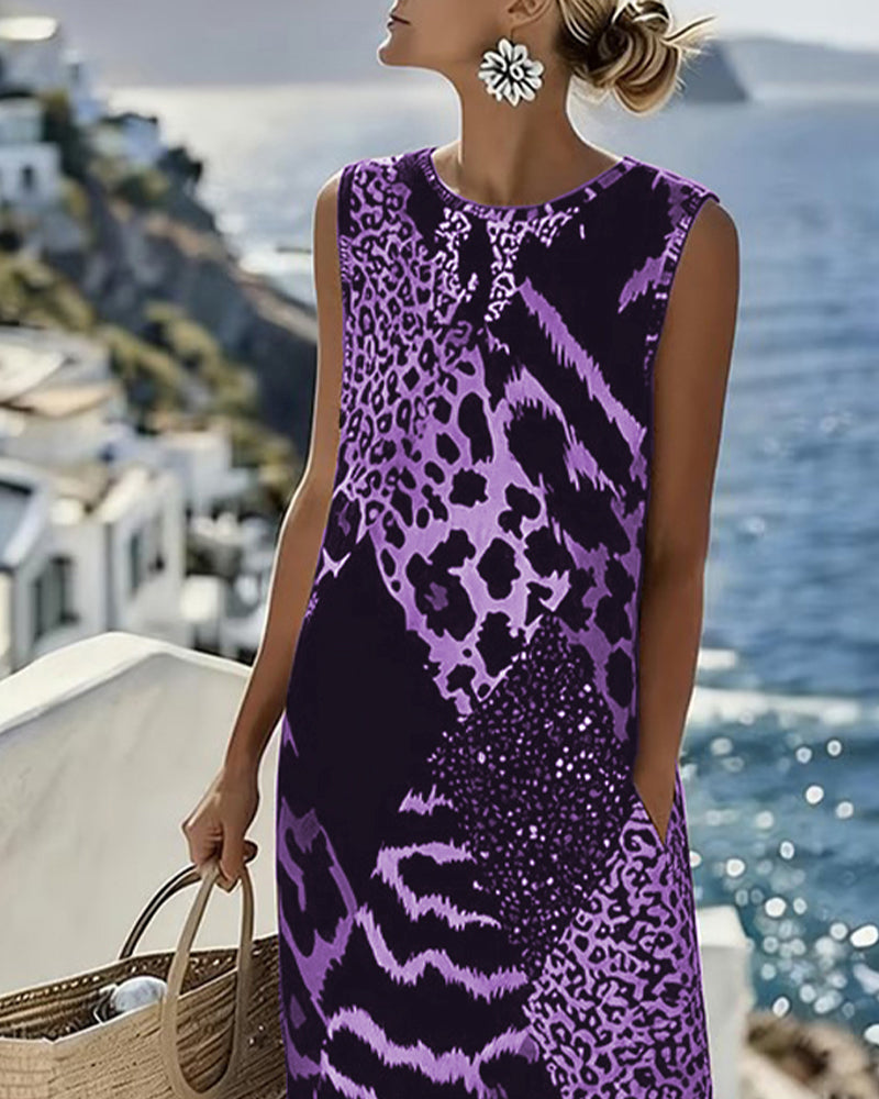 Abito Senza maniche Lunghe di Stampa di Leopardo in Patchwork