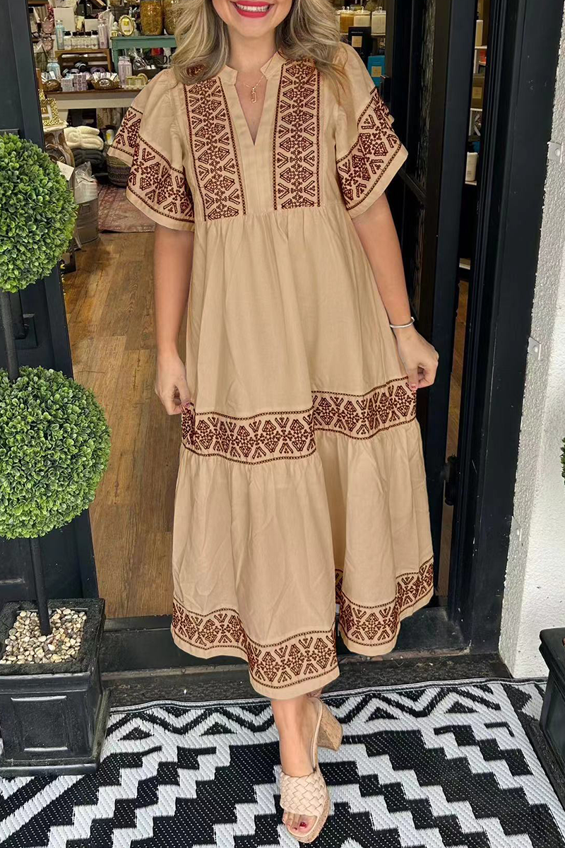 SORAYA – ABITO A-LINE CON SCOLLO A V E STAMPA GEOMETRICA