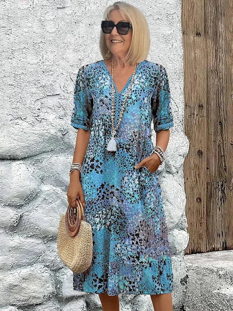 Emelith - Abito Estivo di Pizzo di Leopardato con scollo a V