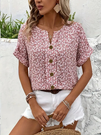 Cindy™ | Blusa di Colore con Collo Notched di Impressione Floreale