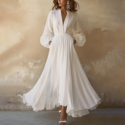 Abito maxi Bianco Sencillo di Collo a V Vintage