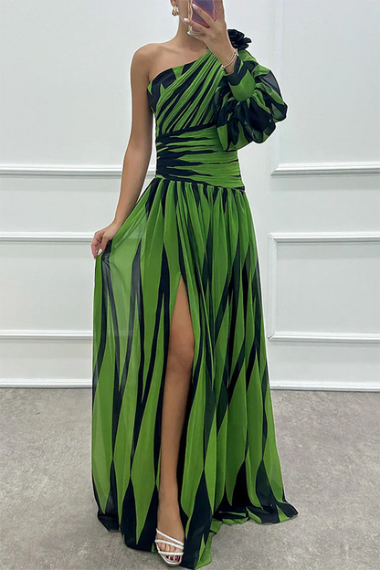 Shiloh - Abito maxi Elegante di Righe con Un Spalla