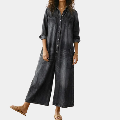 Saylor - Pantalone di Spalline di Denim di Cotone Lavaggio Vintage con Chiusura di Bottone