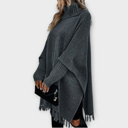 Poncho Maglione Oversize con Collo alto e Flecos
