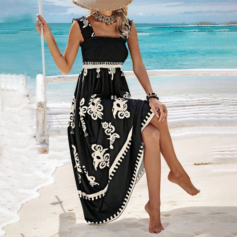 Valentina | Abito di Spiaggia Stampato senza maniche con Scollo Cuadrado Chic