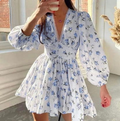 Abito mini Floreale per Donne con Maniche lunghe Abullonadas e Scollo a V