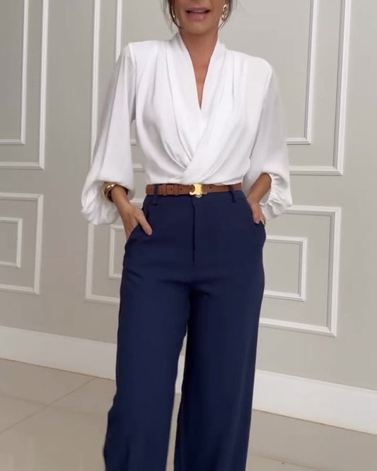 Blusa a maniche lunghe con collo a V di Tinta unita