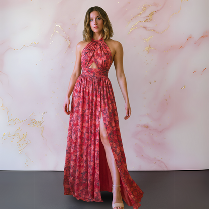 Vania – Elegante abito maxi floreale con espalda descubierta