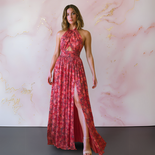 Vania – Elegante abito maxi floreale con espalda descubierta