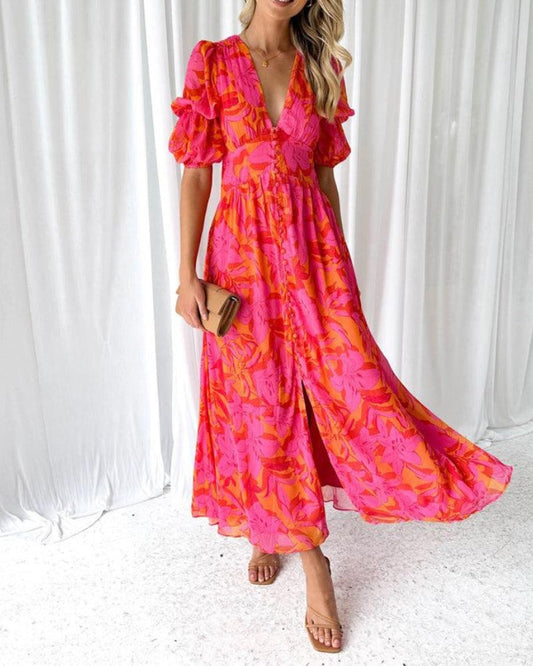 Zynelle | Elegante abito maxi con scollo a V e maniche a palloncino