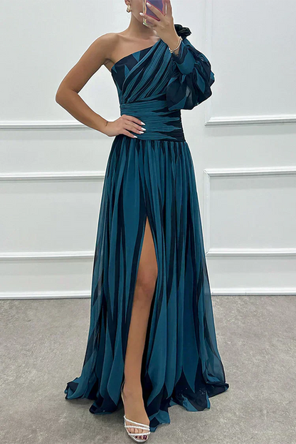 Shiloh - Abito maxi Elegante di Righe con Un Spalla